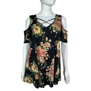 Reb & J. Black & Pink Floral Laced V-Neck Cold Shoulder Top
